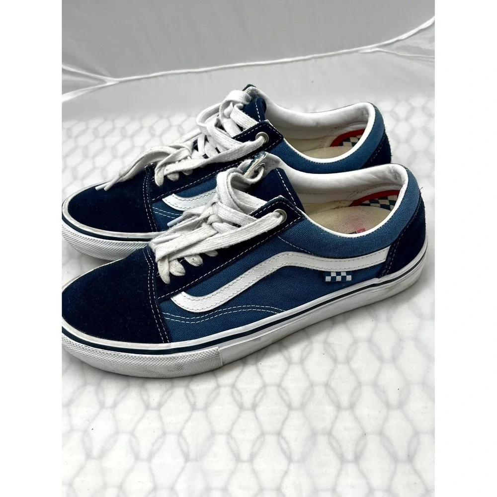 Vans Old Skool Men 9 Sneaker Navy Blue White Low Top Lace Up Skateboarding Shoes